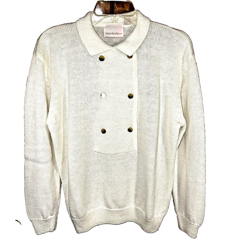 VTG Haberdasher Ivory Knit Sweater S Ramie Cotton Cottagecore Coastal Grandma
